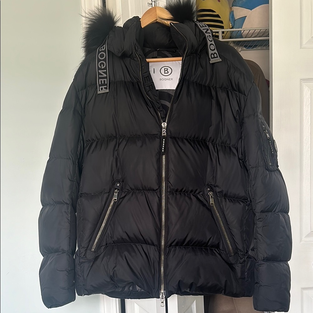 Bogner Women's Black Puffer Jacket with Fur Trim